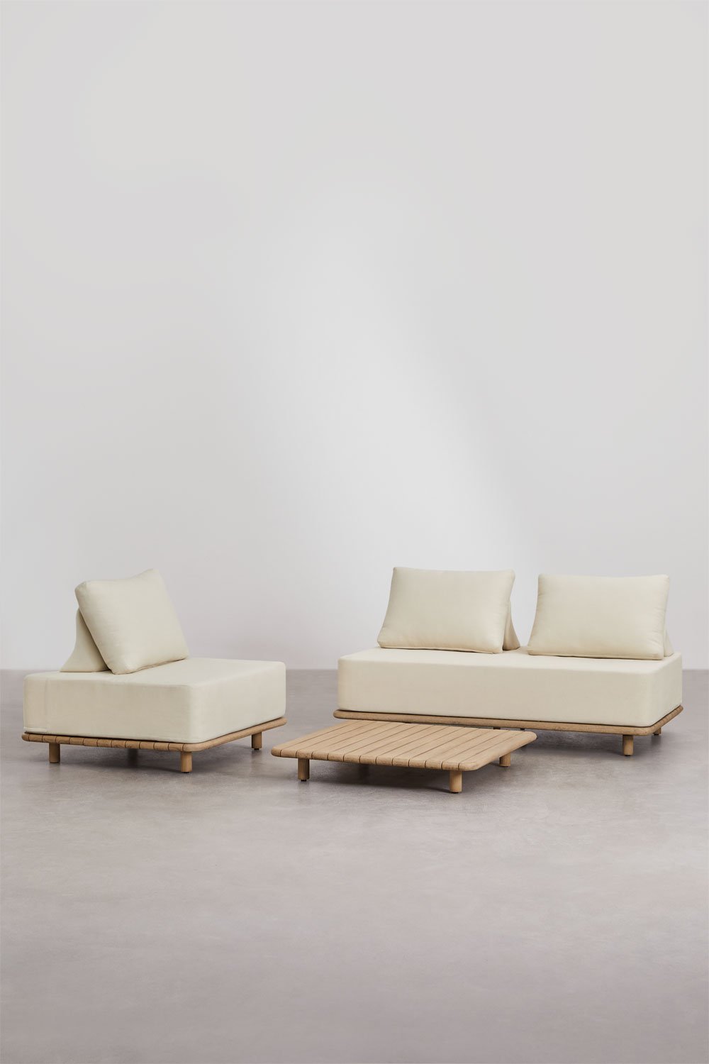 Garden set with 2-seater sofa, armchair, and coffee table in acacia wood Portet, gallery image 1