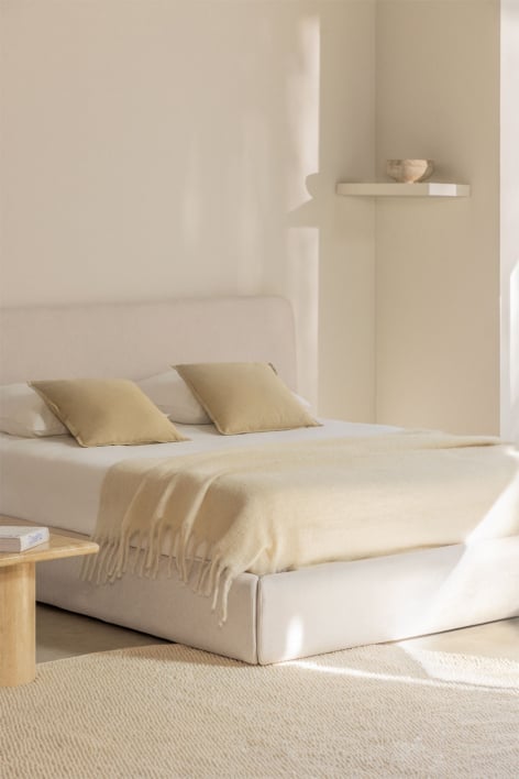 Storage Bed for Mattress 150x190cm with Ottoman in Cream Fabric Norena