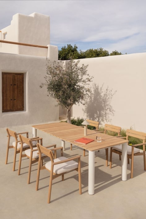 Rectangular table set 220x100 cm in aluminum and teak wood Sirka and 6 garden chairs with armrests in wooden Saira