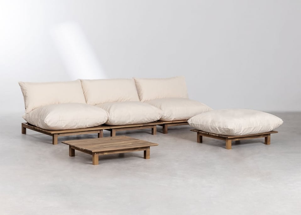 Living room set with 3-piece modular reclining sofa, coffee table and pouf in Brina acacia wood