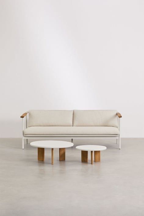 Living room set with 3-seater sofa in bouclé fabric and 2 Yervin aluminium coffee tables