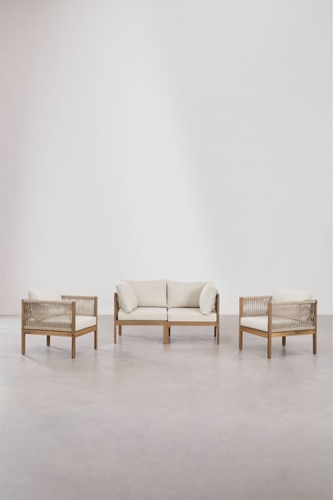 Living room set with 2-piece modular sofa with armrests and 2 armchairs in Branson acacia wood