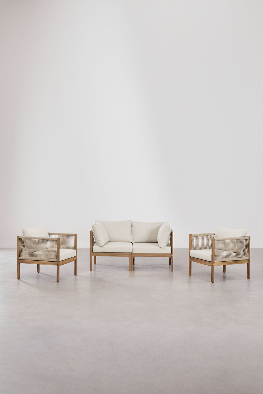 Living room set with 2-piece modular sofa with armrest and 2 acacia ...