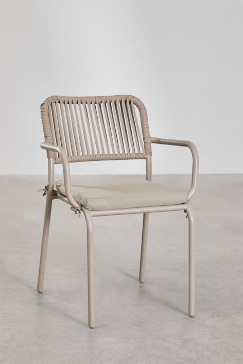 Stackable dining chair with armrests in aluminium and braided rope Arhiza - Moka Brown