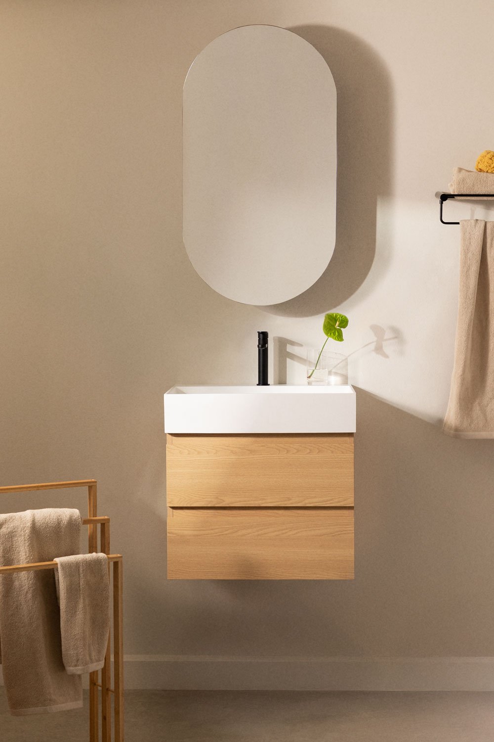 Bathroom furniture set in wood and ash veneer with integrated Ona washbasin, gallery image 1
