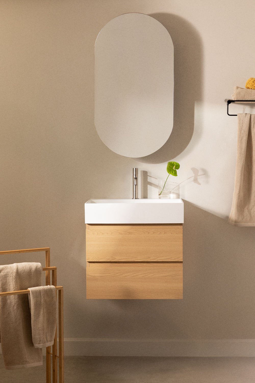 Bathroom furniture set in wood and ash veneer with integrated Ona washbasin, gallery image 1