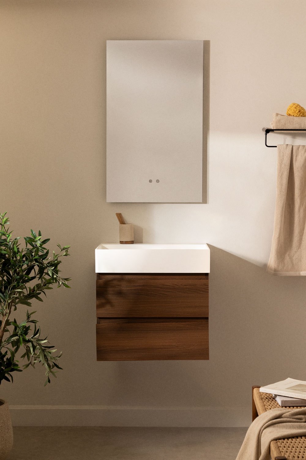 Bathroom furniture set in wood and ash veneer with integrated Ona washbasin, gallery image 1