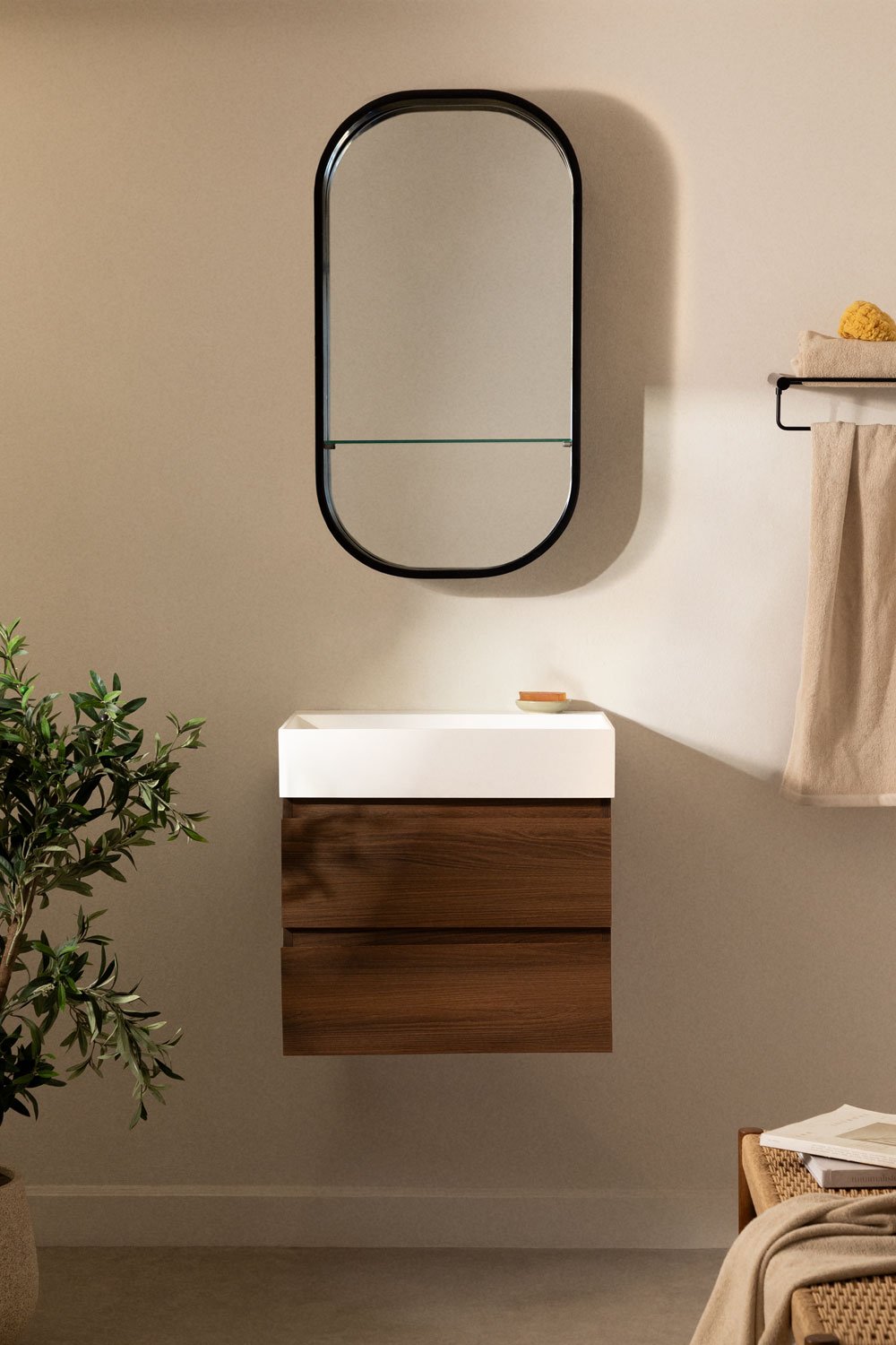 Bathroom furniture set in wood and ash veneer with integrated Ona washbasin, gallery image 1