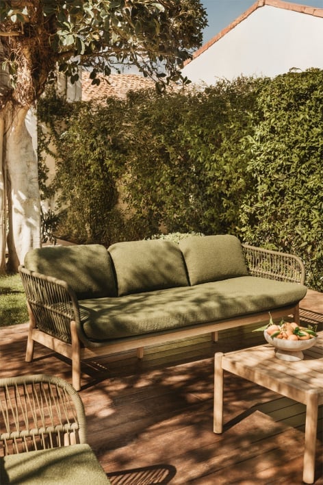 3-seater garden sofa in aluminum and acacia wood Karvia - Green Sage Bouclé