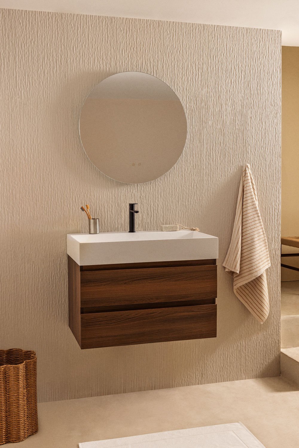 Bathroom furniture set in wood and ash veneer with integrated Ona washbasin, gallery image 1