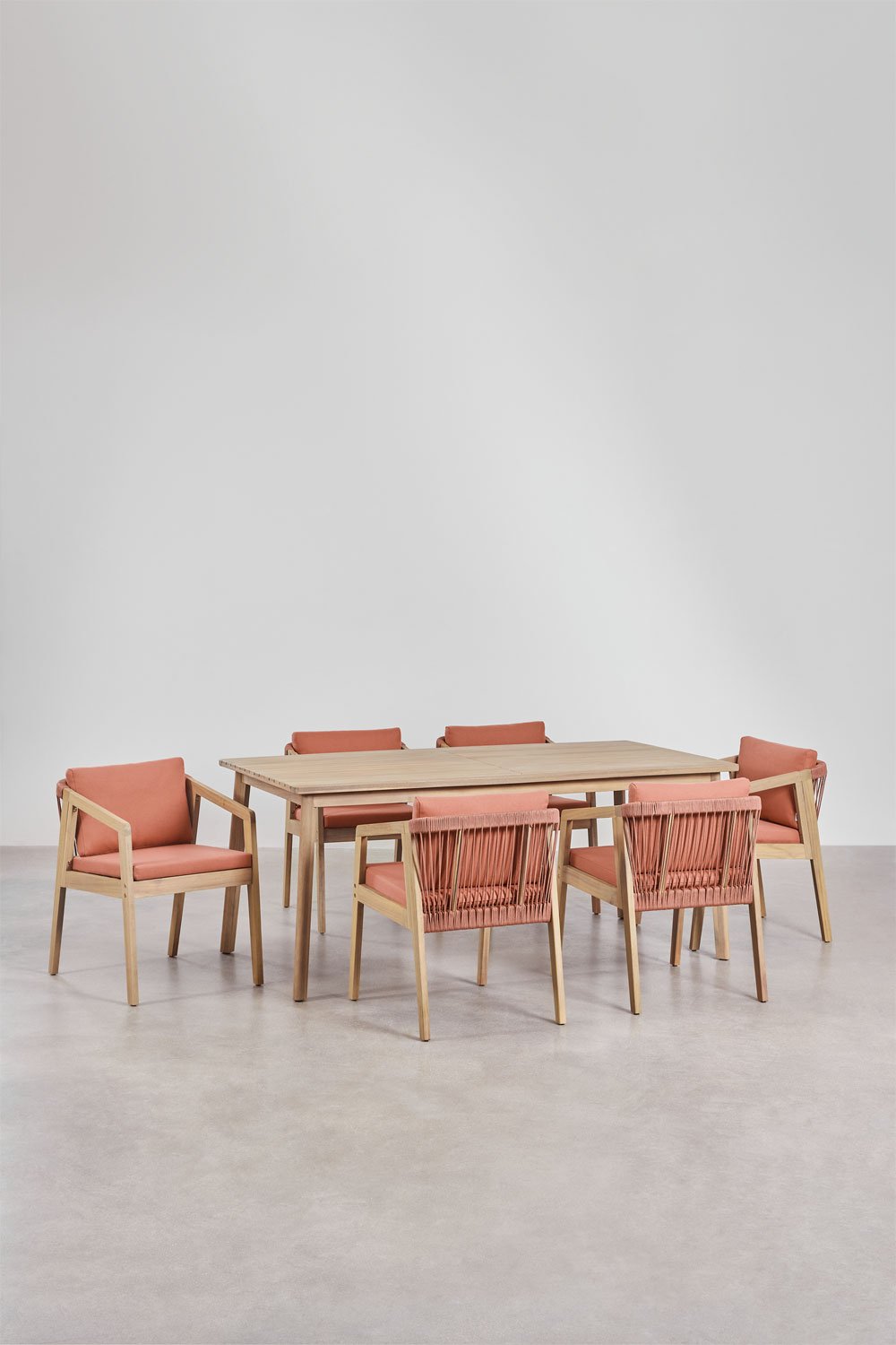 Rectangular table set 180x90 cm and 6 garden chairs in acacia wood and braided rope Kaela, gallery image 1