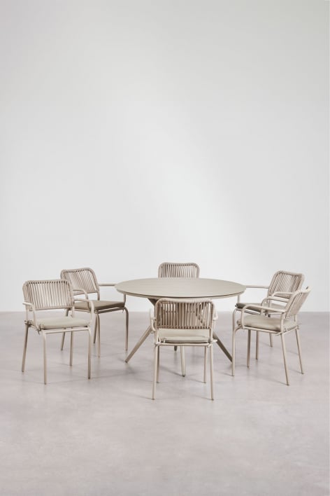 Round table set Ø125 cm Valerie and 6 stackable garden chairs with armrests in Arhiza aluminium