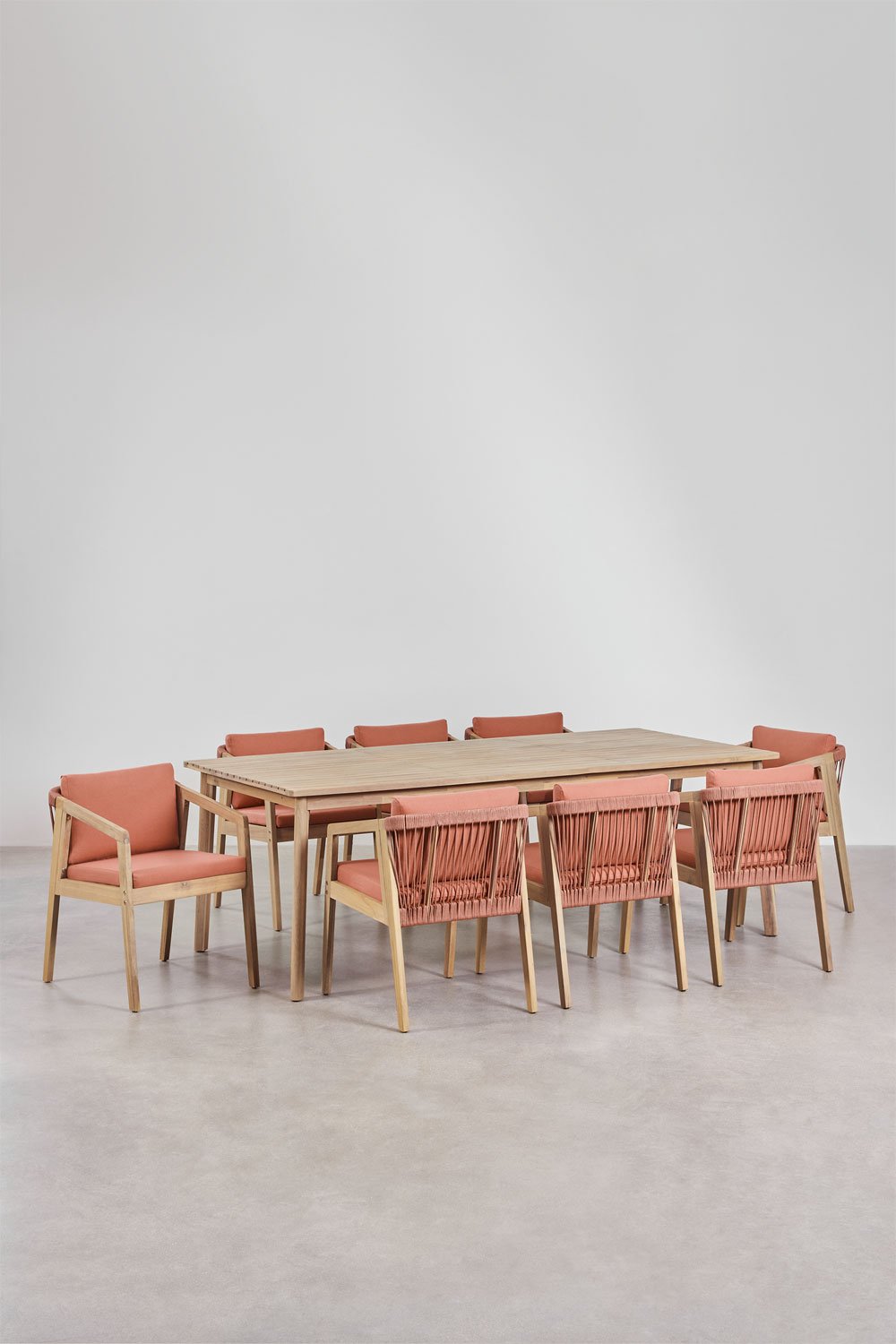 Rectangular table set 220x100 cm and 8 garden chairs in acacia wood and braided rope Kaela, gallery image 1