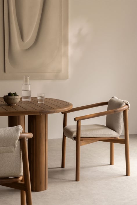Elmina Acacia Wood Dining Chair with Armrests - White Bouclé