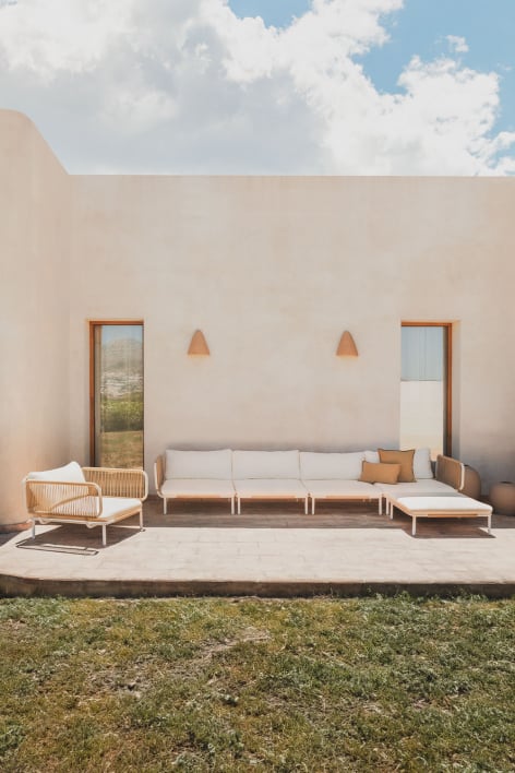 4-piece modular garden sofa with 2 corner armchairs, pouf and Roubly armchair