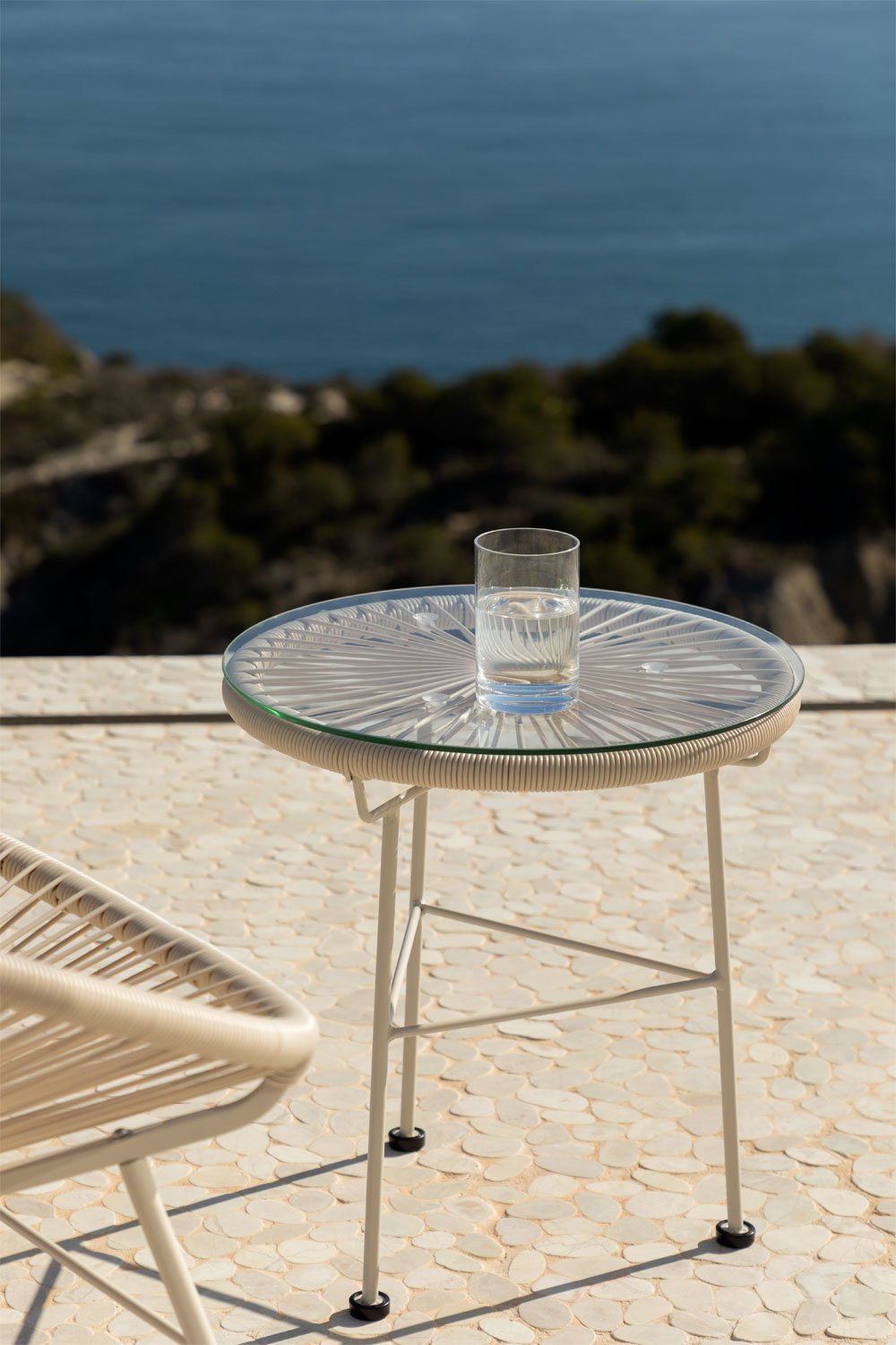 Round garden side table Ø45 cm in steel and synthetic wicker Acapulco, gallery image 1