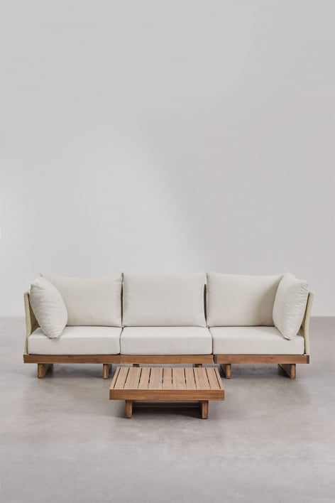Living room set with 3-piece modular sofa with 2 corner armchairs and coffee table in Dailin acacia wood