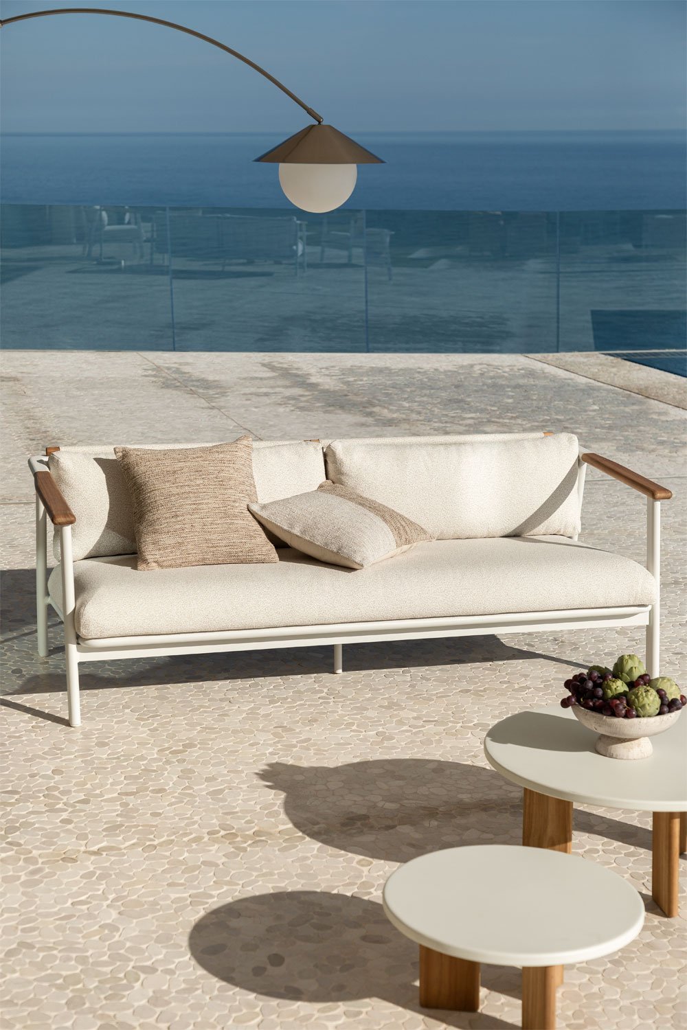 Garden set with a 3-seater sofa in bouclé fabric and 2 Yervin aluminum coffee tables, gallery image 1