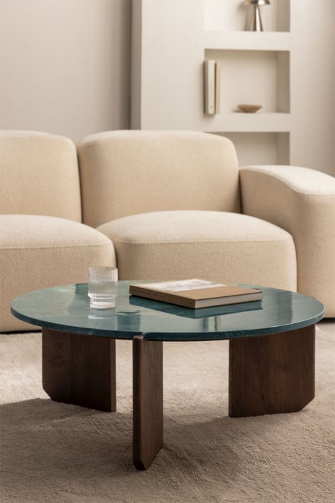 Lavinia round coffee table in natural stone and mango wood