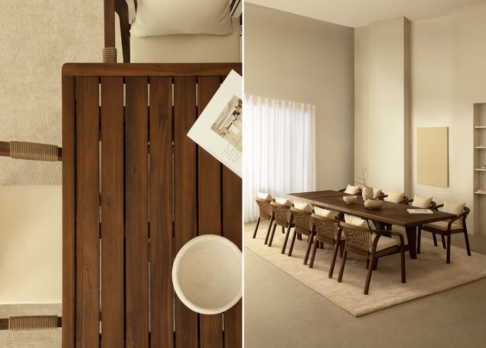 Extendable rectangular table set 200-260-320x100 cm and 10 dining chairs with armrests in Dubai acacia wood