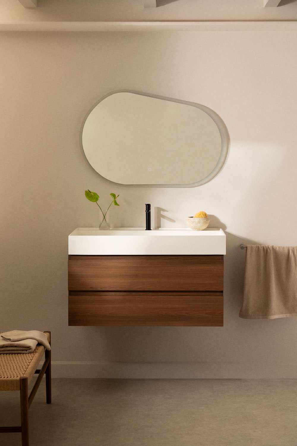 Bathroom furniture set in wood and ash veneer with integrated Ona washbasin, gallery image 1