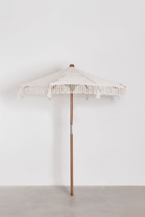 Tongariki teak and cotton parasol - White Macramé