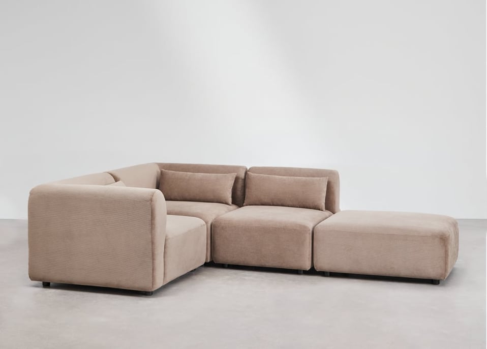 Fogler 3-piece modular corner sofa with pouf - Corduroy Camel Brown