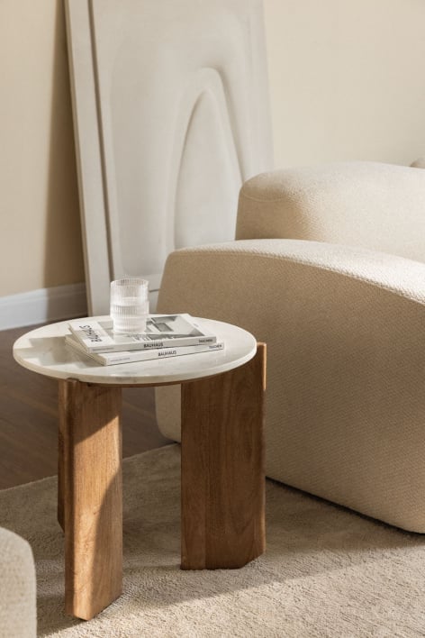 Lavinia round side table Ø50 cm in natural stone and mango wood - White Marble Banswara