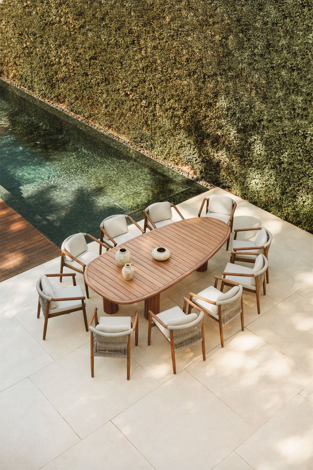 Oval table set ↔︎260 cm in Danara acacia wood and 10 Aderyn eucalyptus wood garden chairs, gallery image 1