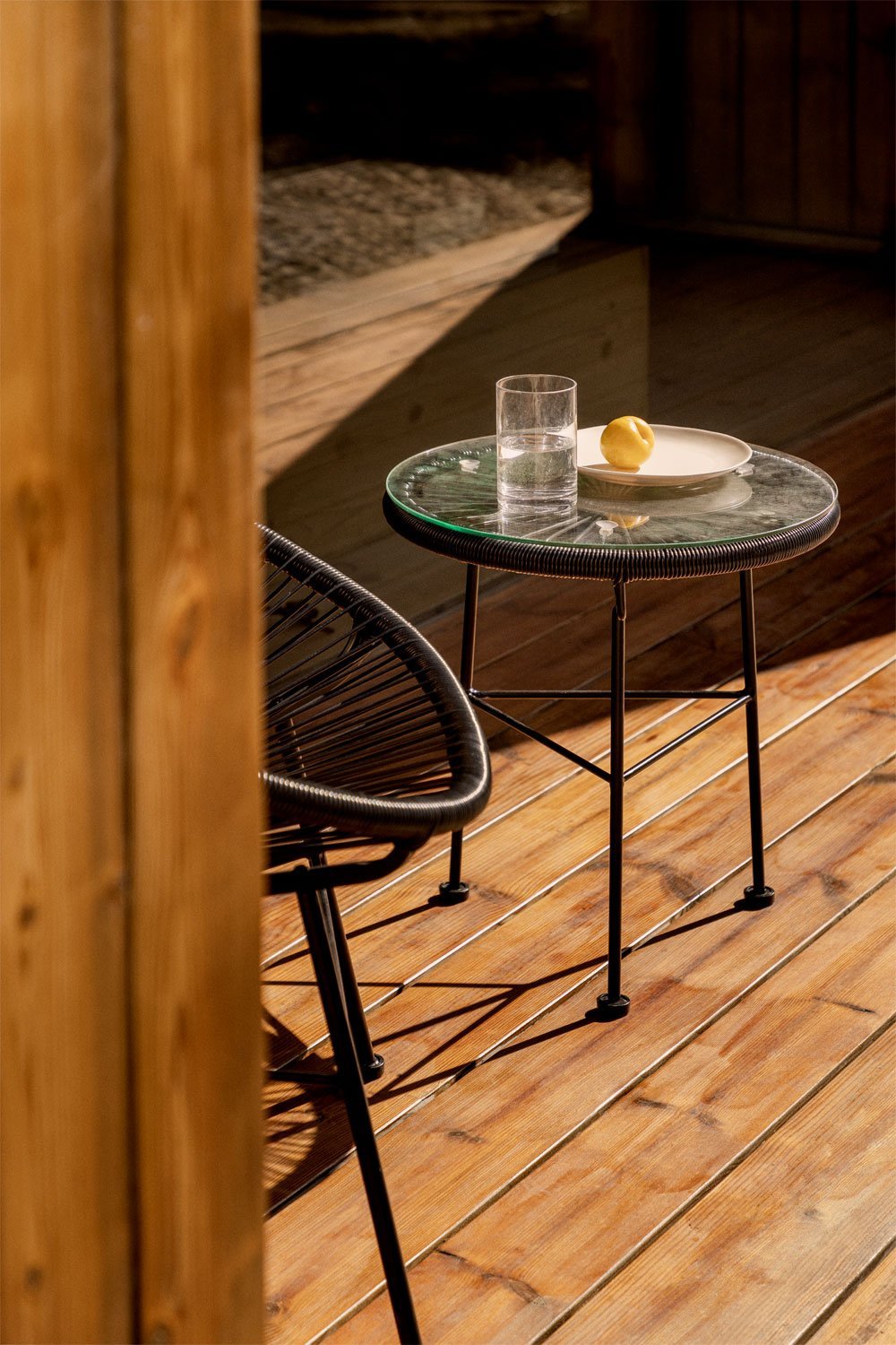 Round garden side table Ø45 cm in steel and synthetic wicker Acapulco, gallery image 1