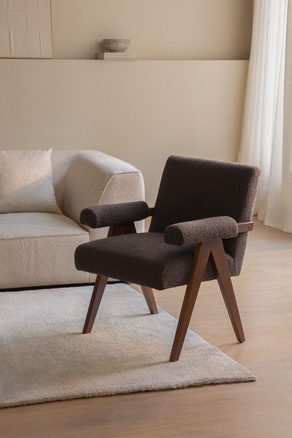 Lucca armchair in wood and bouclé fabric, gallery image 1