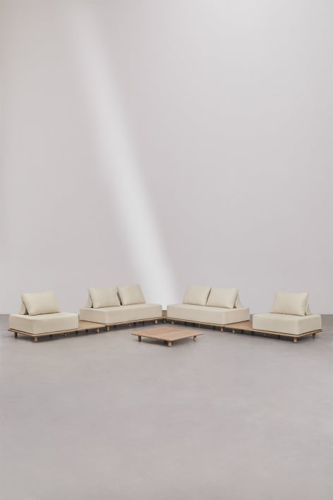 Living room set with a 4-piece modular corner sofa with side tables and a 95x95 cm coffee table in Portet acacia.