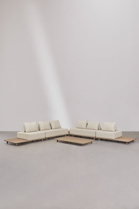 Living room set with a 4-piece modular corner sofa with a side table and a coffee table, 160 x 95 cm, in Portet acacia.