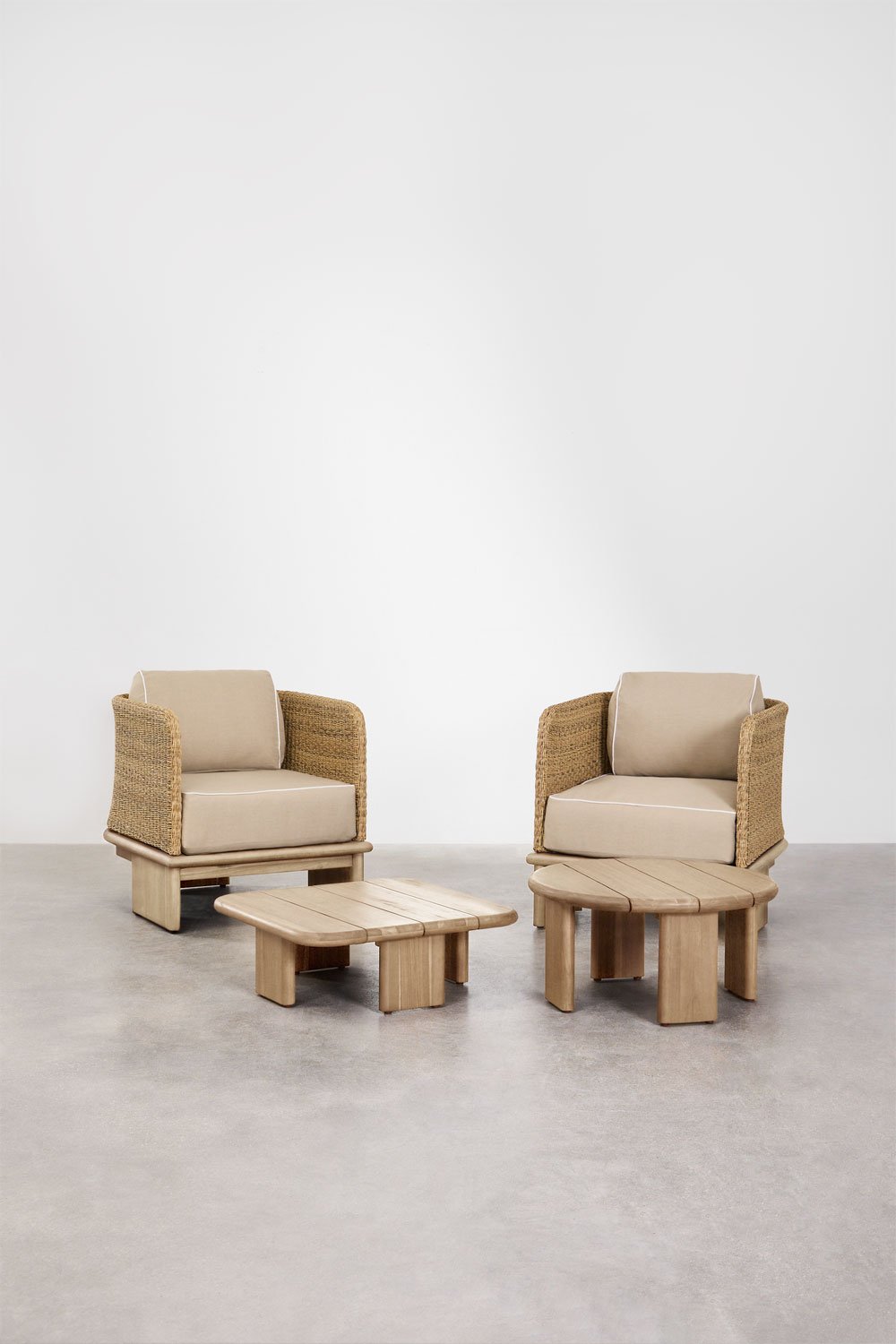 Garden set with 2 armchairs and 2 coffee tables in rattan and Famara acacia wood, gallery image 2