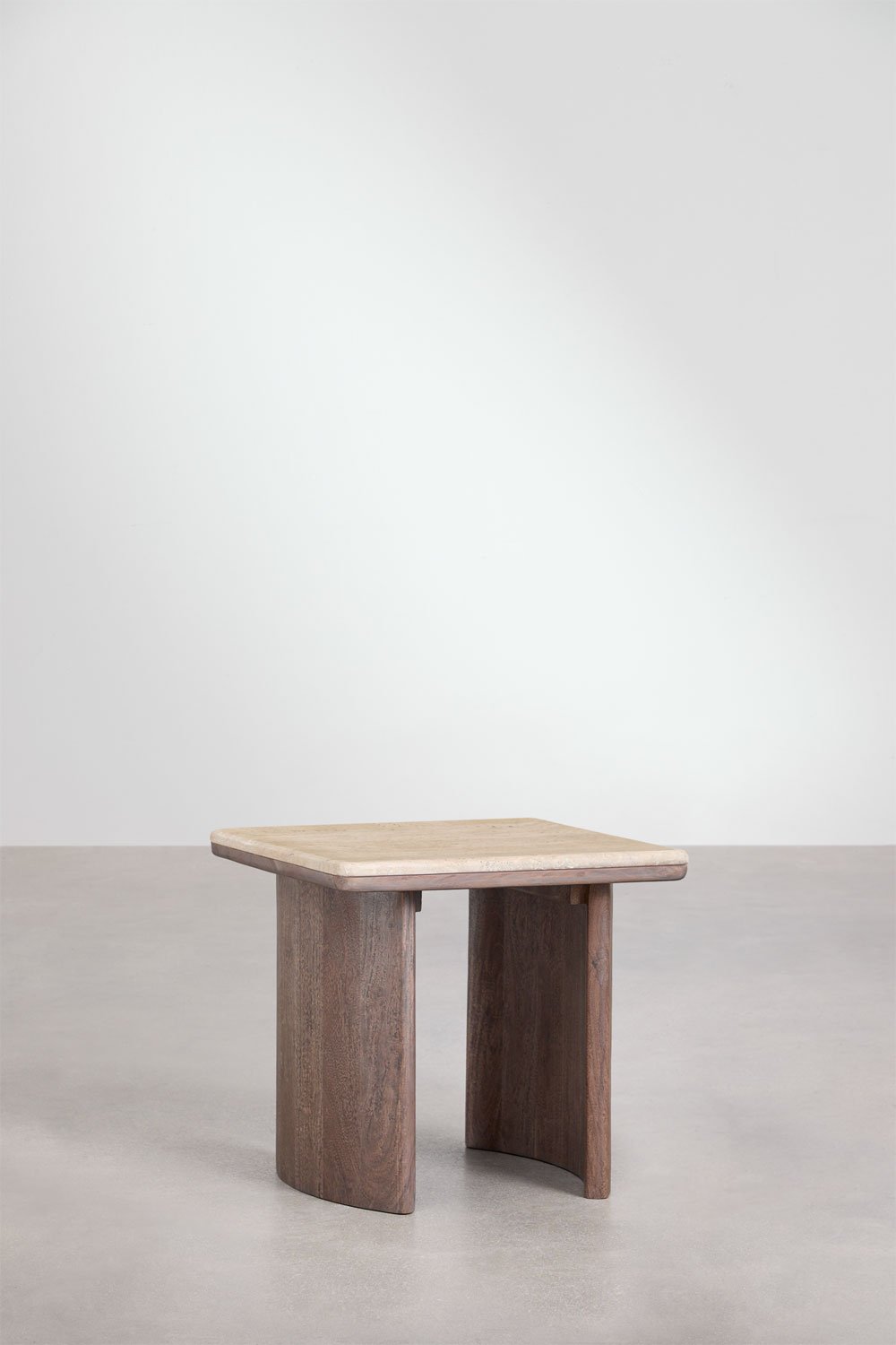 Set of 2 square side tables in travertine and acacia wood Casilda, gallery image 6