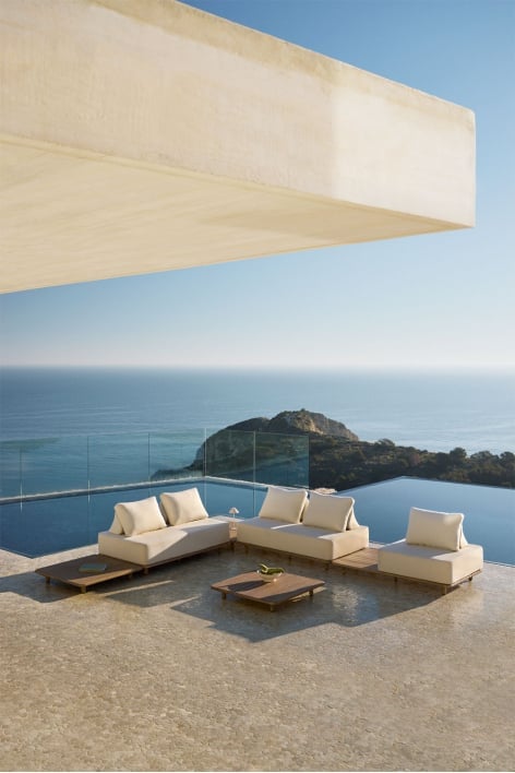 Garden set with 4-piece modular corner sofa with side and coffee table 95x95 cm in Portet acacia