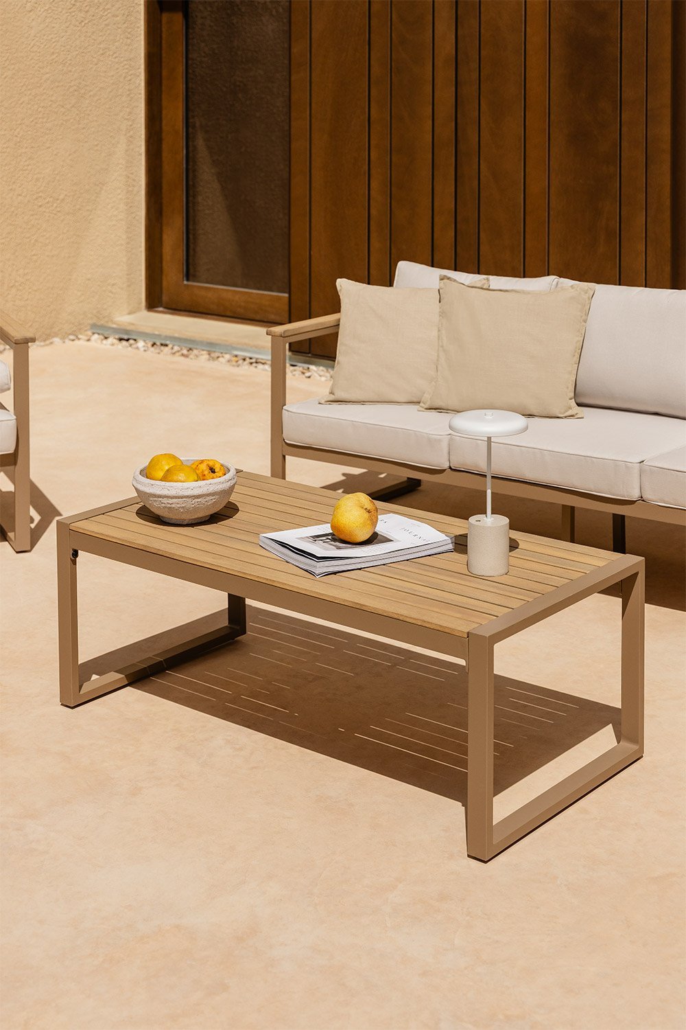 Rectangular garden coffee table 110x55 cm in aluminum and acacia wood Lipov, gallery image 1