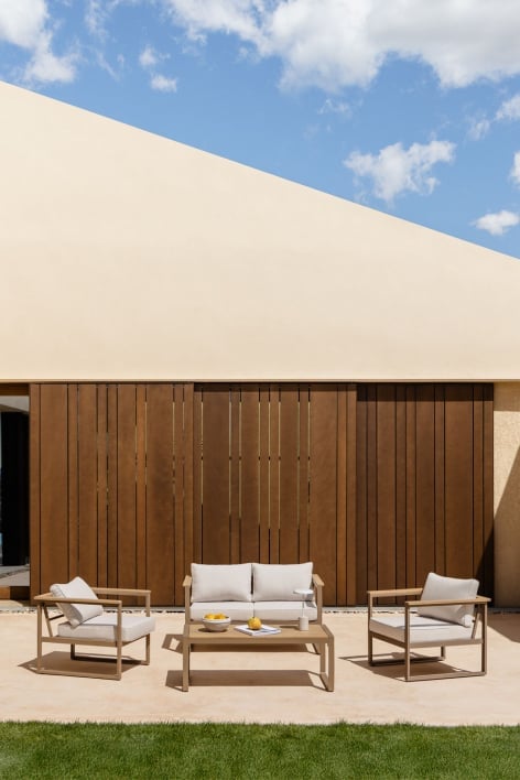 Garden set with 2-seater sofa, 2 armchairs and coffee table in aluminium and acacia wood Lipov