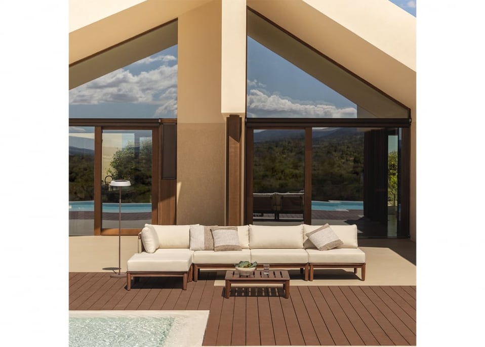 4-piece corner modular sofa garden set, coffee table and pouf in acacia Giulia