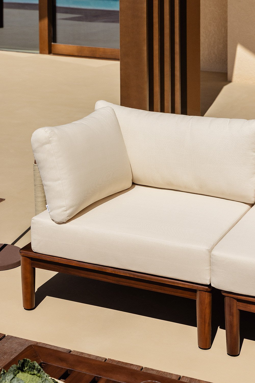 Corner module for a modular garden sofa in Giulia acacia wood, gallery image 1