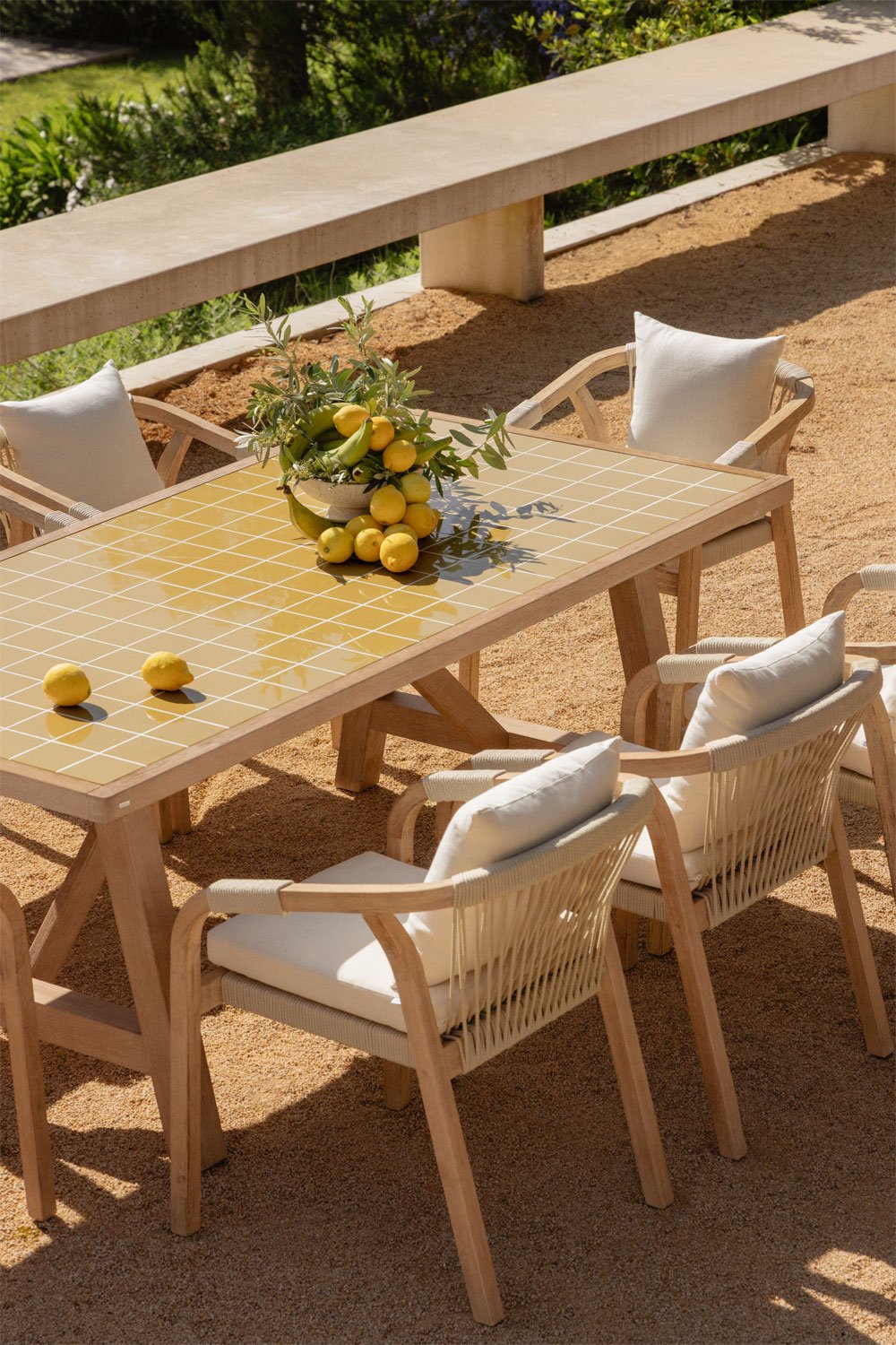 Rectangular table set 200x100 cm and 8 garden armchairs in acacia wood and Dubai cement, gallery image 3