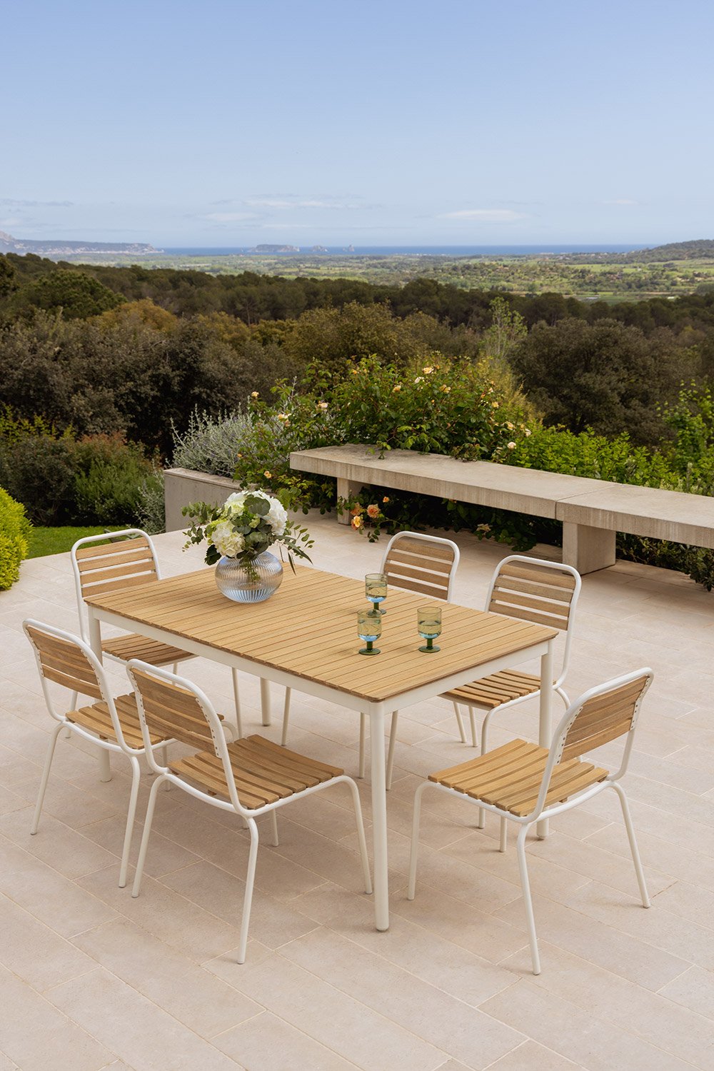 Rectangular Table Set 160x90 cm and 6 Stackable Garden Chairs in Steel and Acacia Wood Artus, gallery image 1