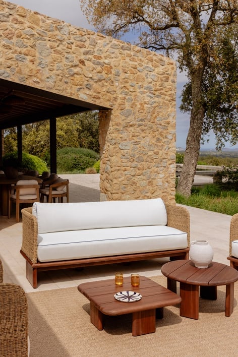 Garden set with 3-seater sofa and 2 coffee tables in rattan and acacia wood Famara