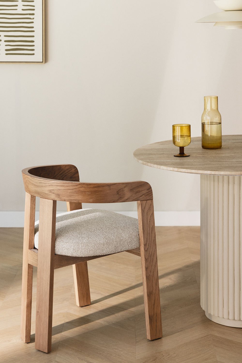 Pack of 4 Yvone upholstered dining chairs with wooden armrests, gallery image 1