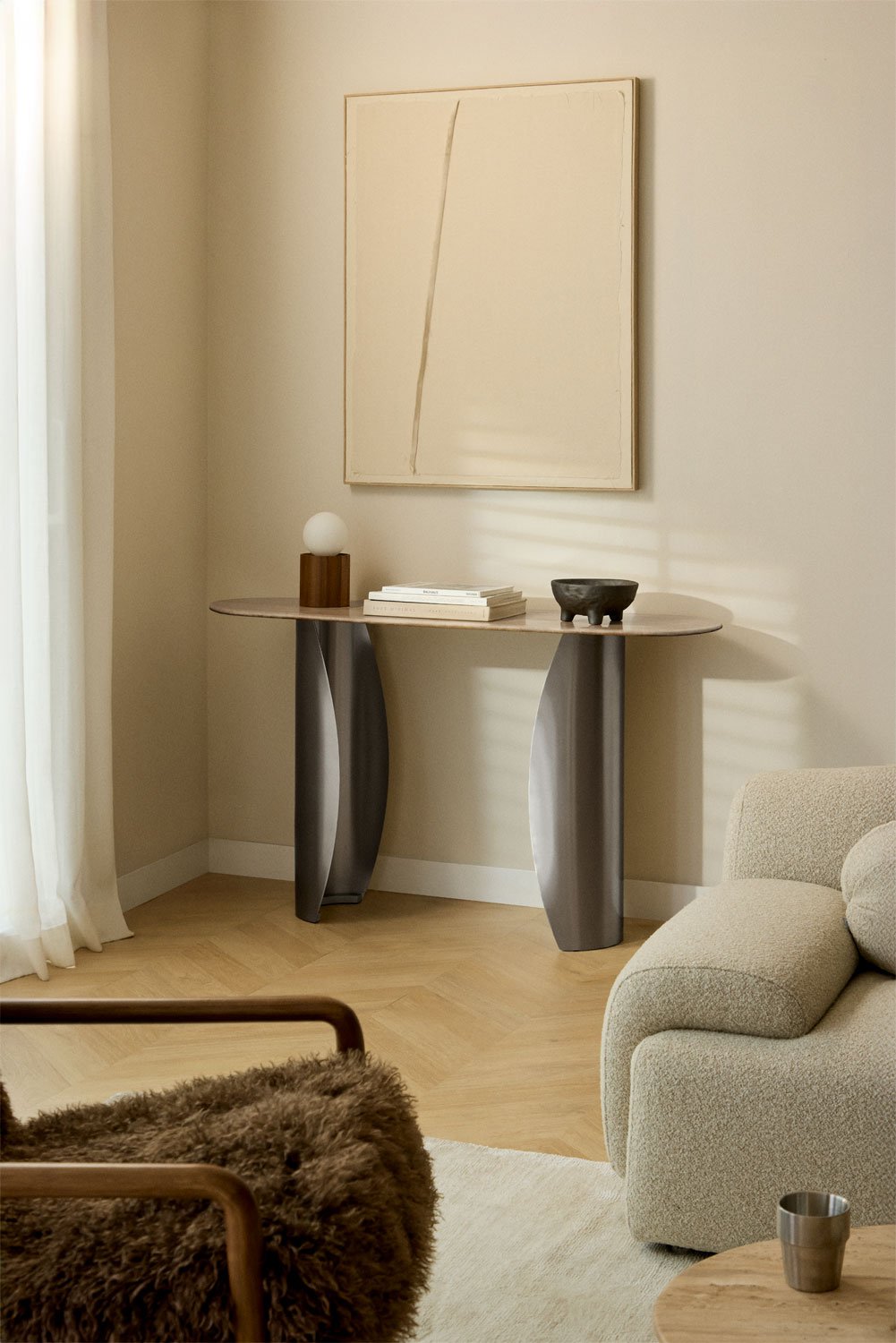 Oval console 135x40 cm in travertine and stainless steel Neriyu, gallery image 1