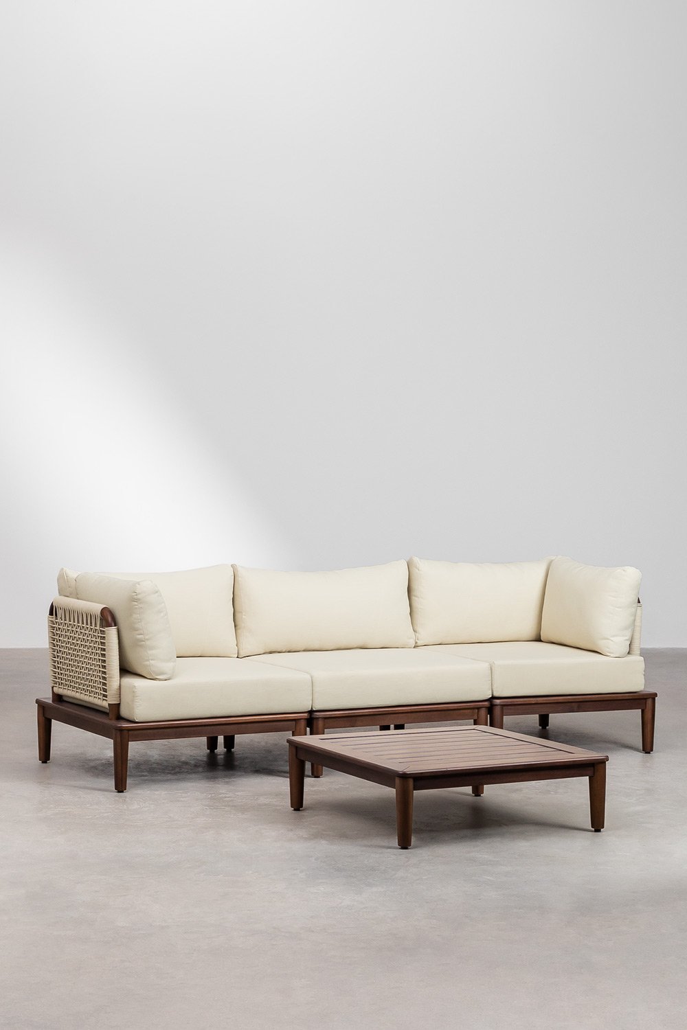 3-piece modular sofa living room set, 2 corner armchairs and acacia coffee table Giulia, gallery image 1