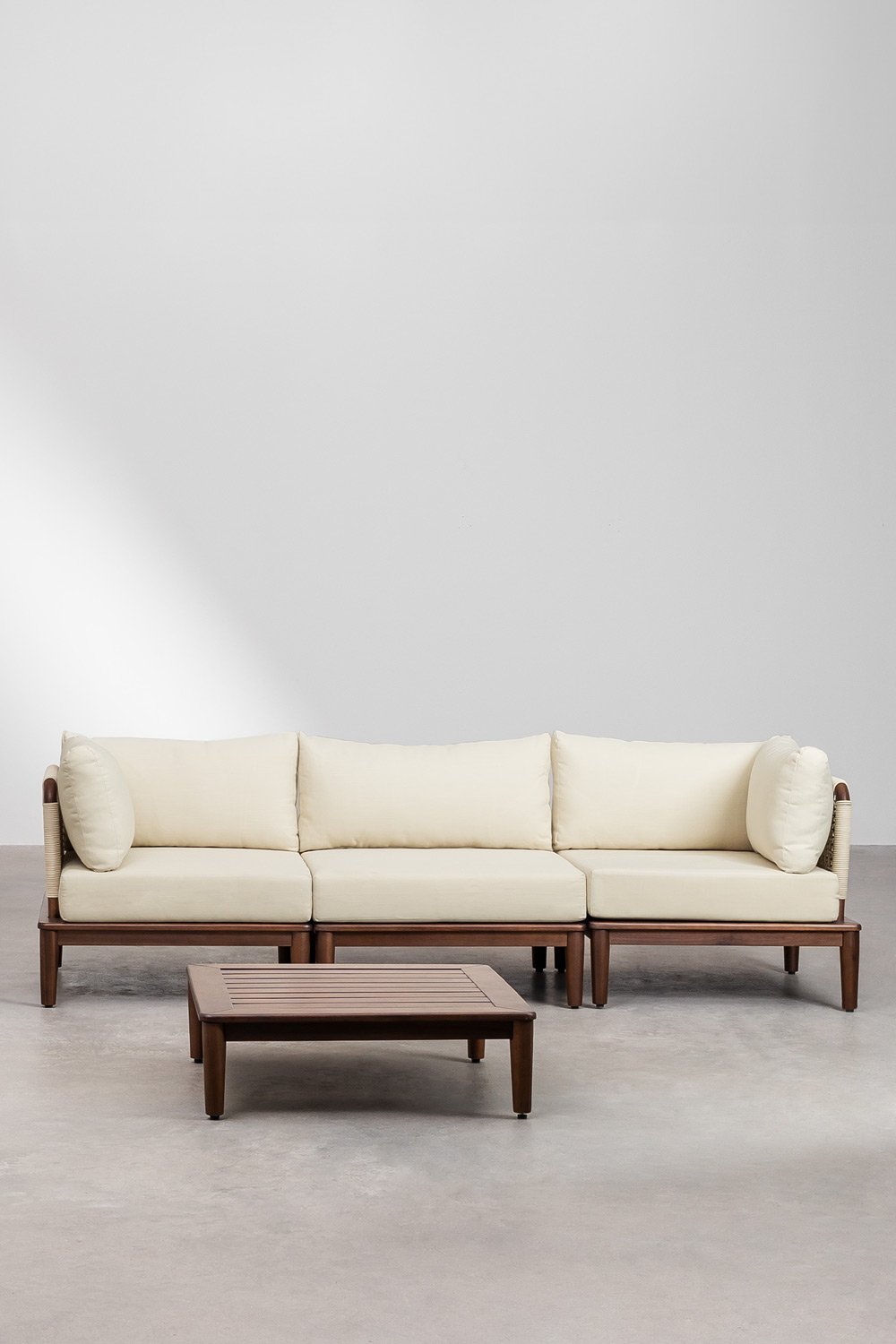 3-piece modular sofa living room set, 2 corner armchairs and acacia coffee table Giulia, gallery image 2