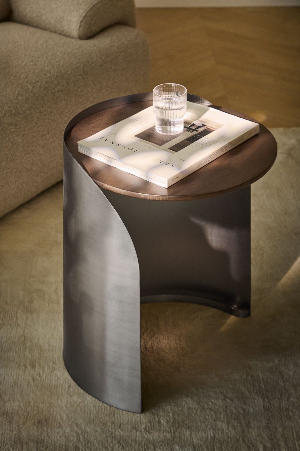 Xireisa round side table in mango wood and stainless steel, gallery image 1