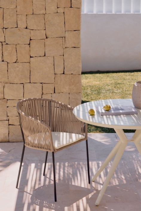 Jocelyn stackable garden chair with iron armrests and braided rope