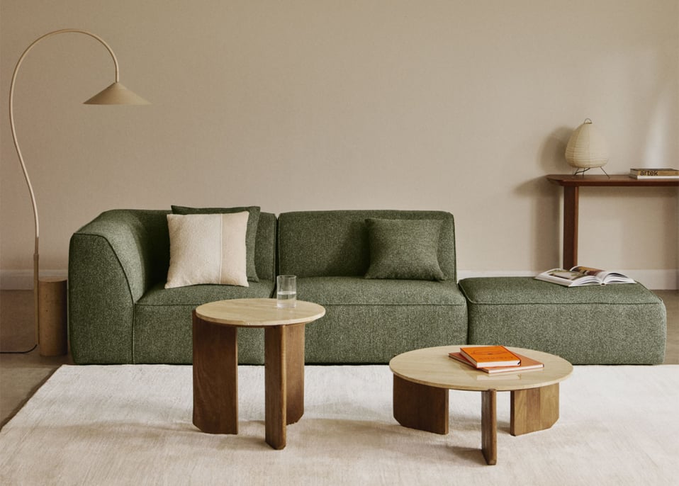 Cardea 2-piece modular corner sofa with upholstered pouf - Green Sage Bouclé